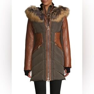 NICOLE BENISTI‎ Courvechal leather&Fox Fur-Trim Chevron Down parka Coat sz small